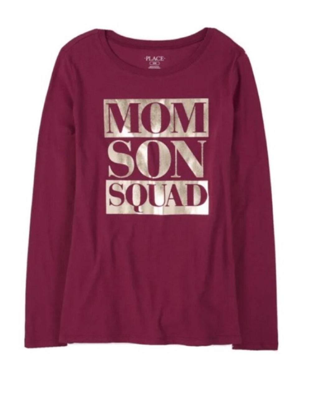 Berry Long Sleeve Tee with Gold 'MOM SON SQUAD' Graphic Womens size Medium